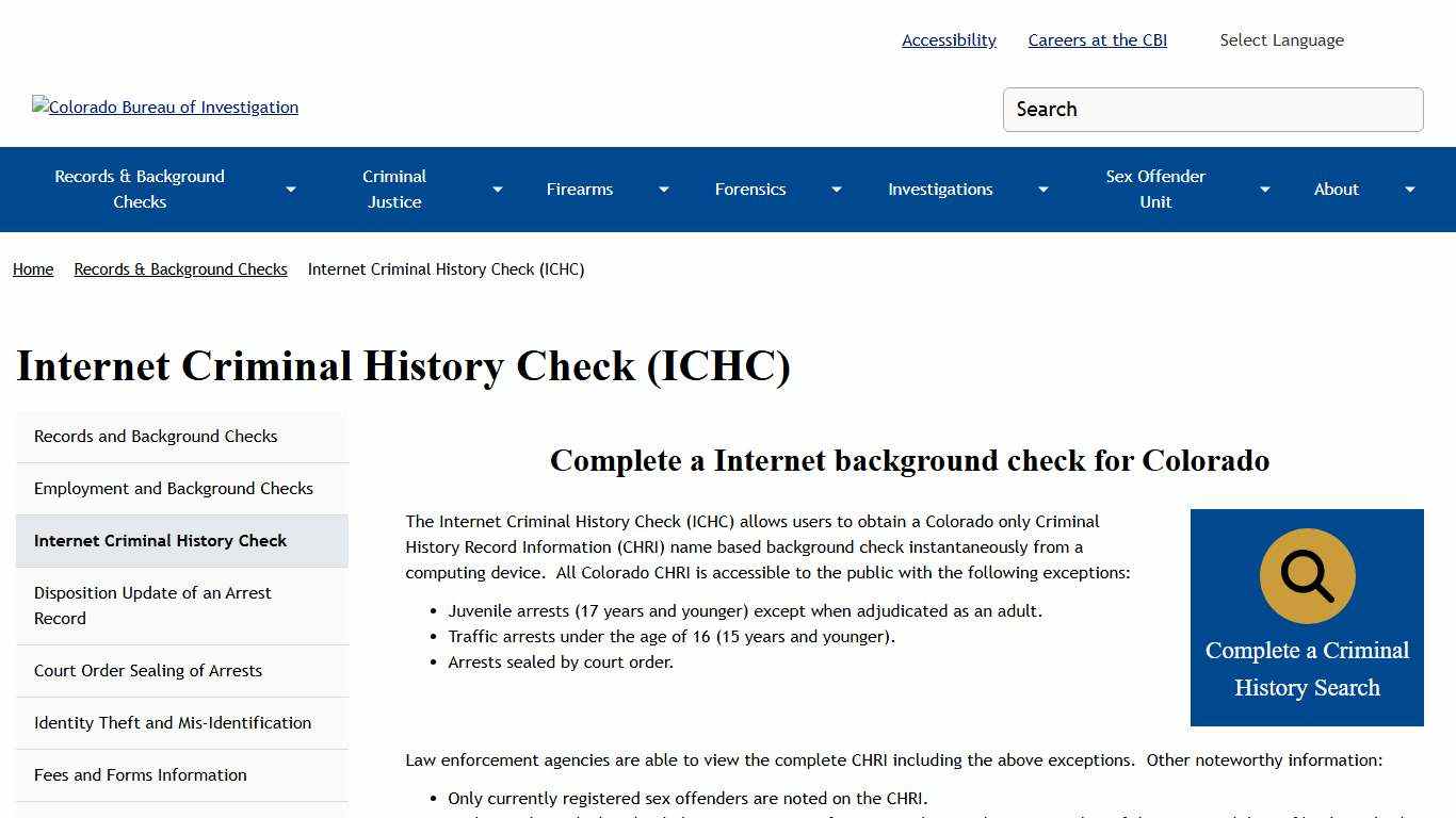 Internet Criminal History Check (ICHC) Colorado Bureau of Investigation